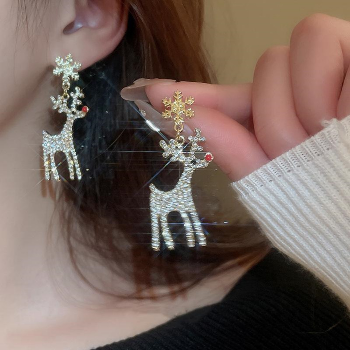 Mens Xmas Fashion - Xmas Holiday Deer Drop Earrings Full