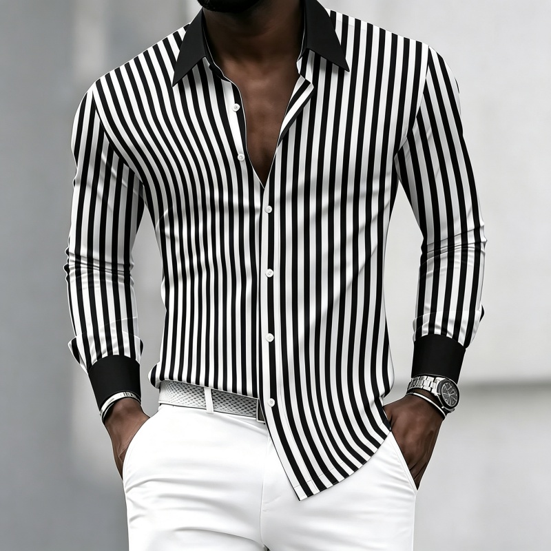 Fashion Mens Shirt - Men's long-sleeved collared shirt with black