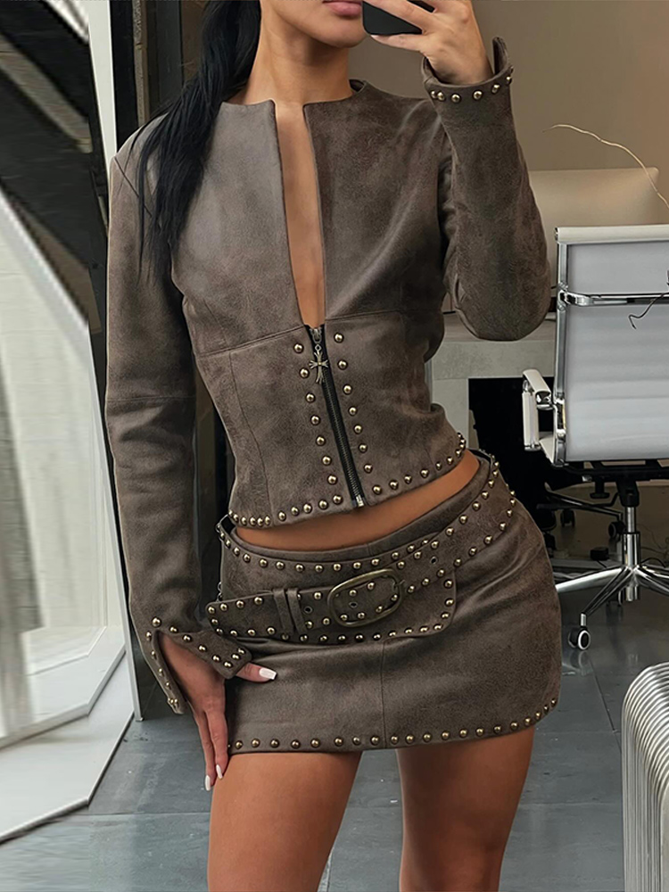 Y2k Leather Skirt Set Women Ri - Belt Mens Fashion review and price